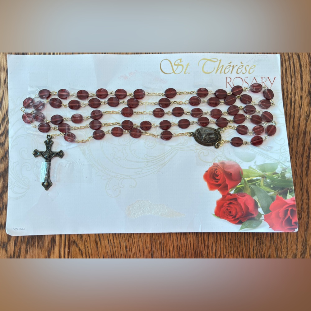 St. Therese Rosary with Red Beads and Gold Chain - NWT